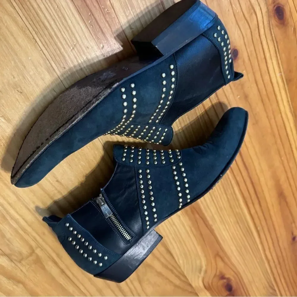 ANINE BING Charlie Low Ankle Boots SZ 38/7 Black Suede Gold Stud Embellishments